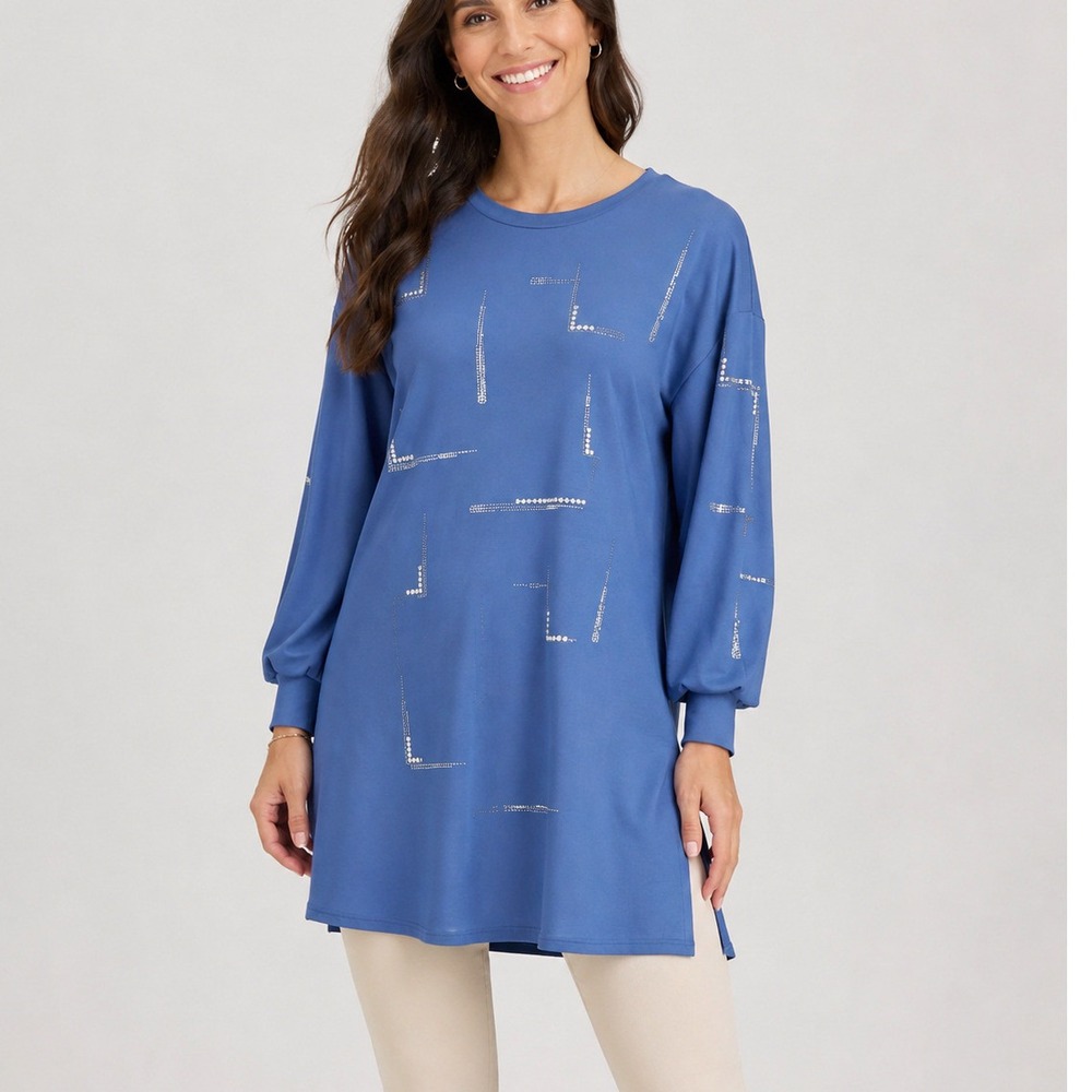 TCN Tunic Top Women 2XL Blue Pearl Embellished Long Sleeve Relaxed Geometric